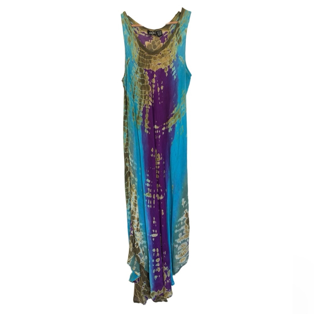 SOL blue/ purple/ green tie dye uneven hem hippie maxi dress